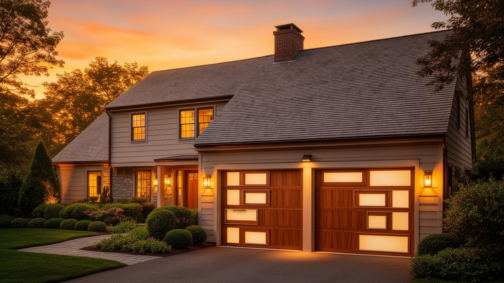 Beautiful modern garage door with geometric window patterns at golden hour